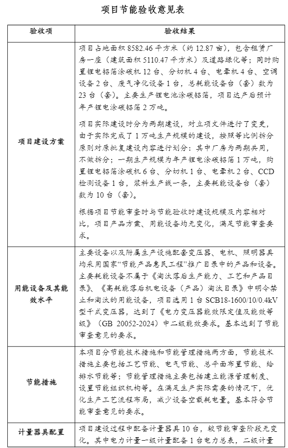 山东兴元新能源科技有限公司年产2万吨锂电涂碳铝箔项目（一期）节能验收公开文件
