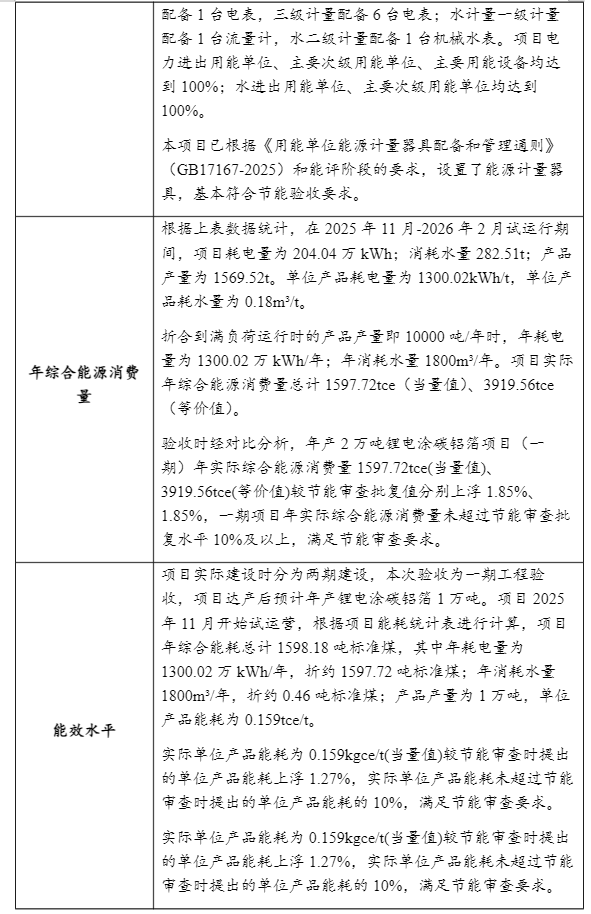 山东兴元新能源科技有限公司年产2万吨锂电涂碳铝箔项目（一期）节能验收公开文件